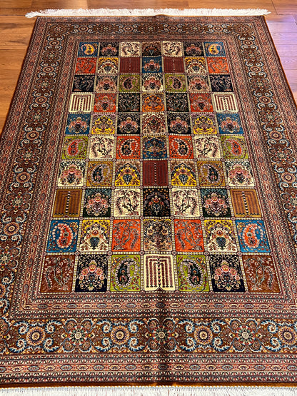 5x8 Luxury Bamboo Silk Rug – Multicolor Garden Panel Floral Design – Ornate Turkish Statement Area Rug