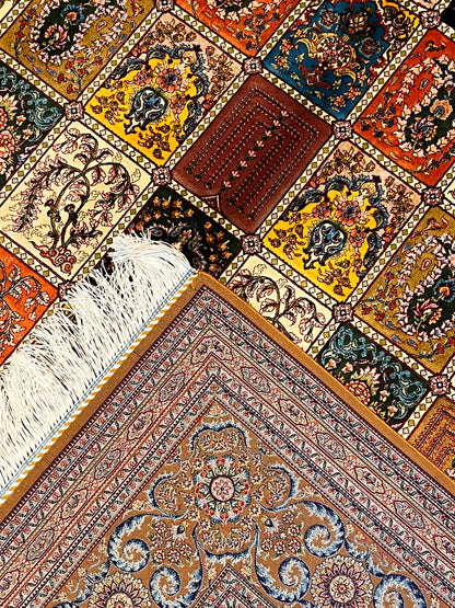 5x8 Luxury Bamboo Silk Rug – Multicolor Garden Panel Floral Design – Ornate Turkish Statement Area Rug