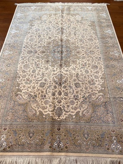 5x8 Luxury Ivory & Taupe Bamboo Silk Rug – Elegant Floral Medallion Design – Neutral Turkish Statement Area Rug
