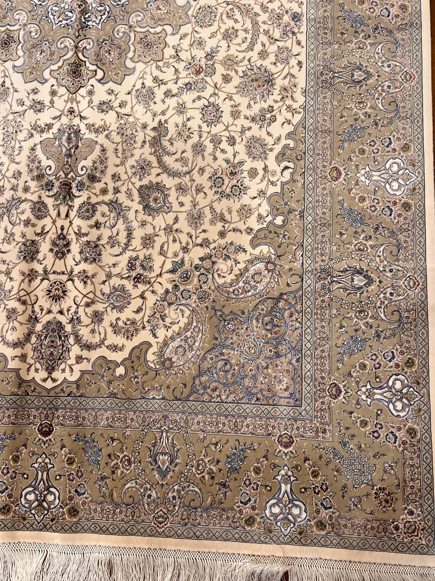 5x8 Luxury Ivory & Taupe Bamboo Silk Rug – Elegant Floral Medallion Design – Neutral Turkish Statement Area Rug