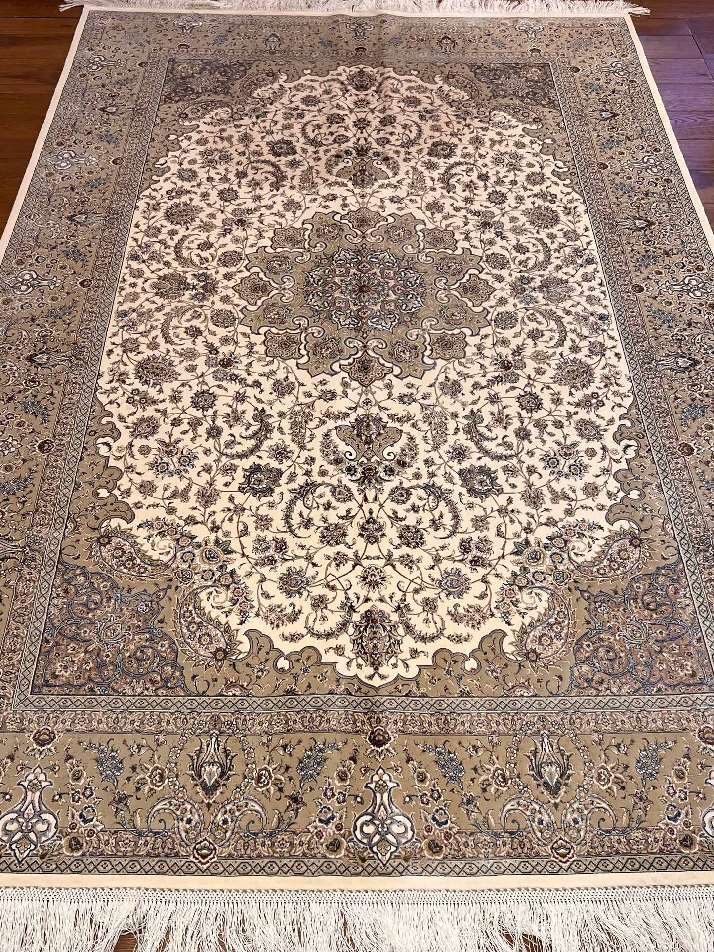 5x8 Luxury Ivory & Taupe Bamboo Silk Rug – Elegant Floral Medallion Design – Neutral Turkish Statement Area Rug