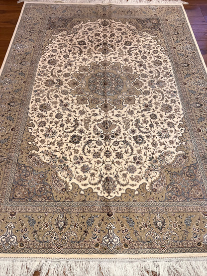 5x8 Luxury Ivory & Taupe Bamboo Silk Rug – Elegant Floral Medallion Design – Neutral Turkish Statement Area Rug