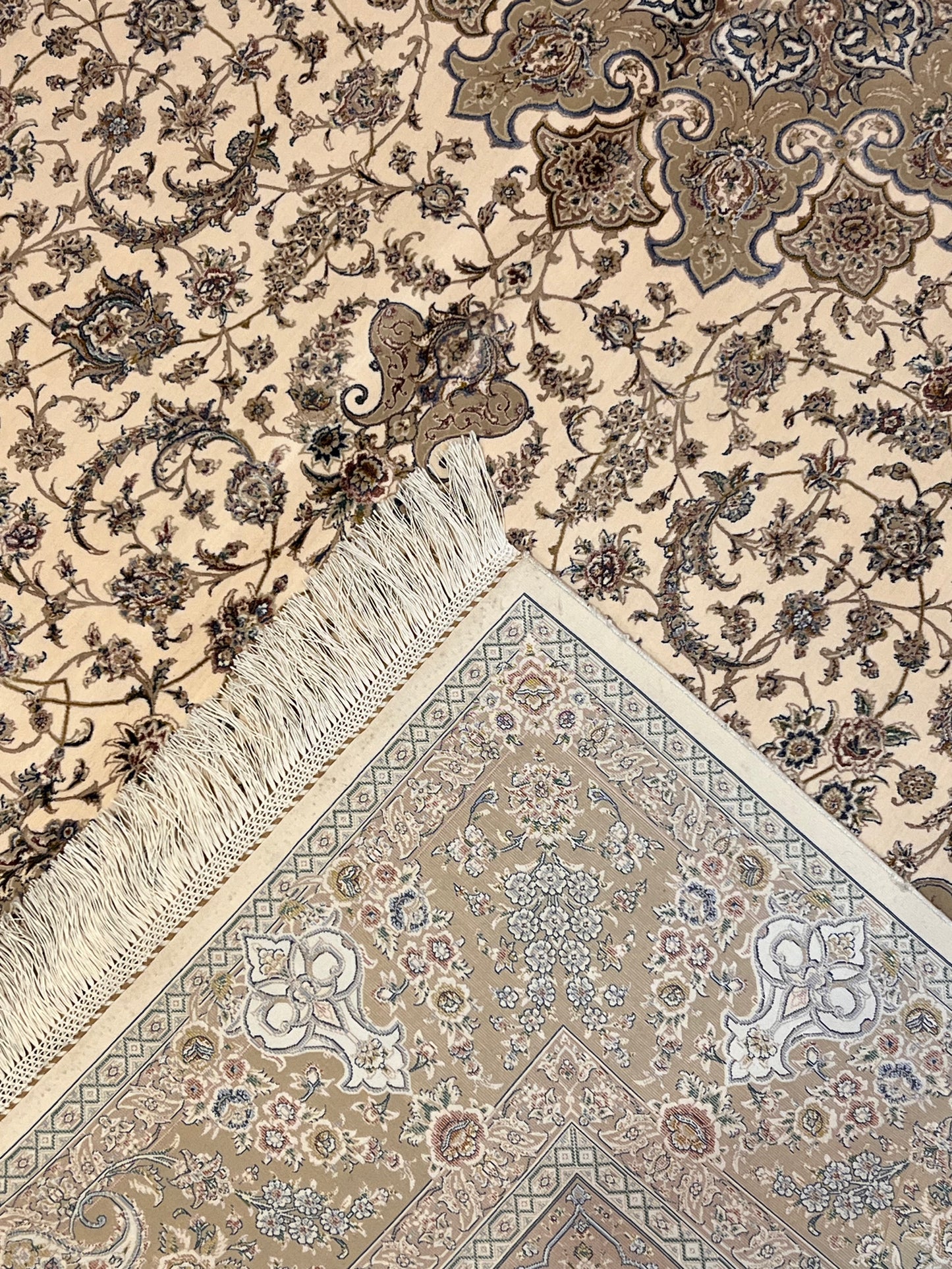 5x8 Luxury Ivory & Taupe Bamboo Silk Rug – Elegant Floral Medallion Design – Neutral Turkish Statement Area Rug