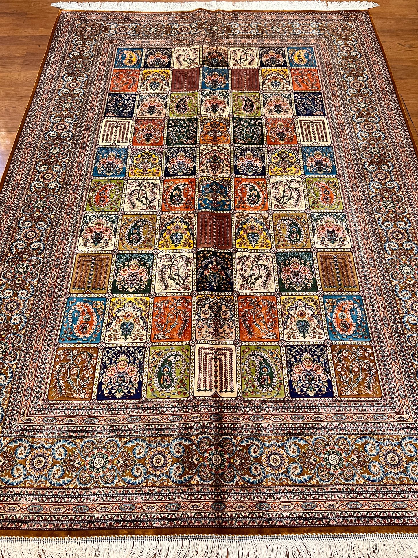 5x8 Luxury Bamboo Silk Rug – Rich Multicolor Garden Panel Design – Ornate Turkish Statement Area Rug