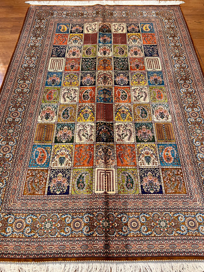 5x8 Luxury Bamboo Silk Rug – Rich Multicolor Garden Panel Design – Ornate Turkish Statement Area Rug