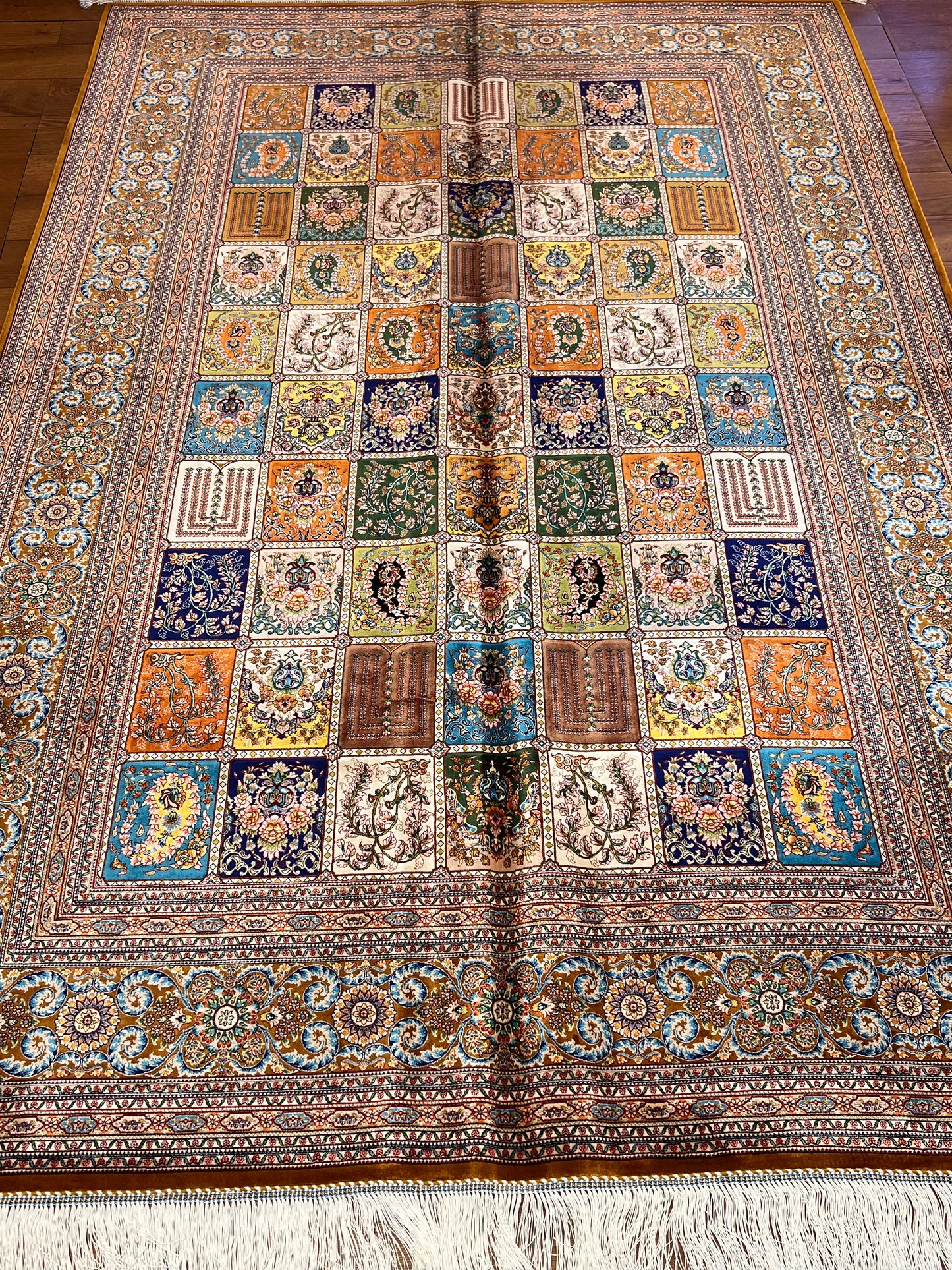 5x8 Luxury Bamboo Silk Rug – Rich Multicolor Garden Panel Design – Ornate Turkish Statement Area Rug
