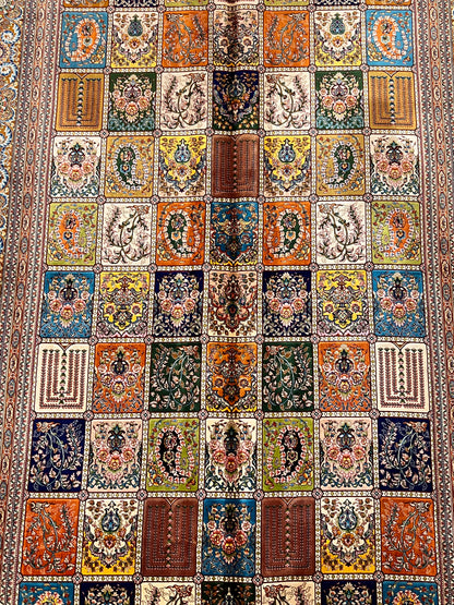 5x8 Luxury Bamboo Silk Rug – Rich Multicolor Garden Panel Design – Ornate Turkish Statement Area Rug