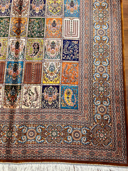 5x8 Luxury Bamboo Silk Rug – Rich Multicolor Garden Panel Design – Ornate Turkish Statement Area Rug