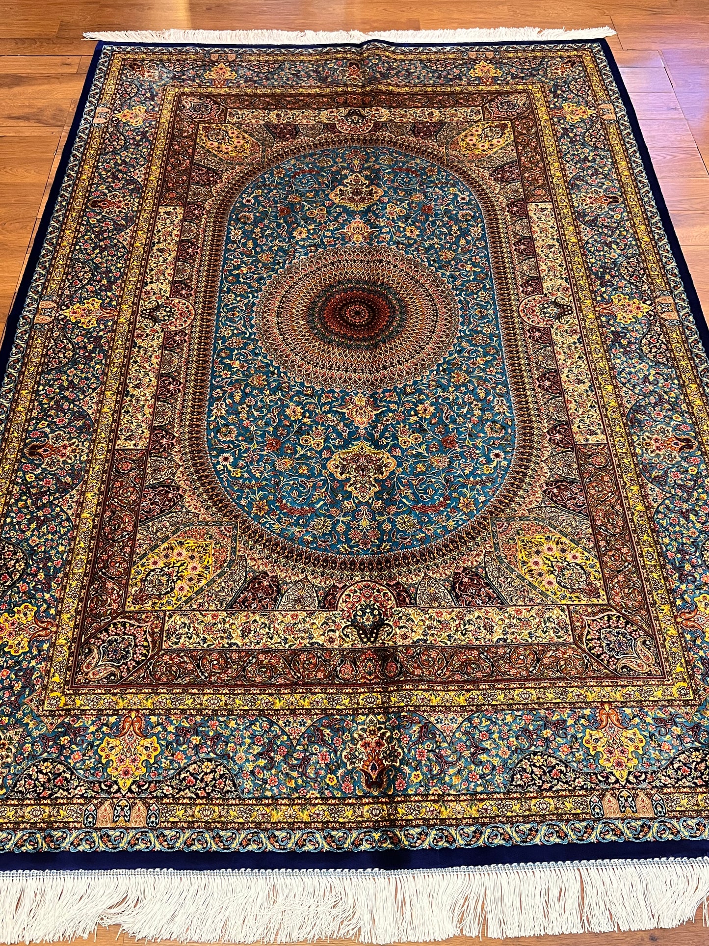 5’ x 8’ Luxury Turquoise Blue Bamboo Silk Rug – Ornate Medallion Floral Design, Fine Woven Statement Area Rug