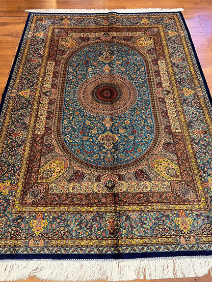 5’ x 8’ Luxury Turquoise Blue Bamboo Silk Rug – Ornate Medallion Floral Design, Fine Woven Statement Area Rug