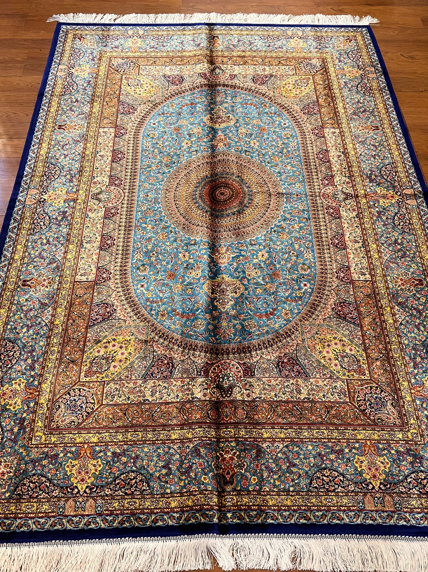 5’ x 8’ Luxury Turquoise Blue Bamboo Silk Rug – Ornate Medallion Floral Design, Fine Woven Statement Area Rug