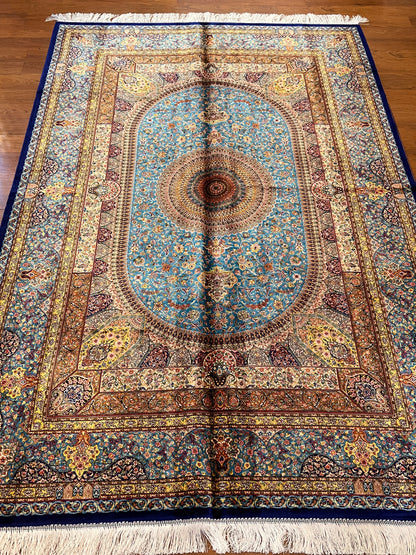 5’ x 8’ Luxury Turquoise Blue Bamboo Silk Rug – Ornate Medallion Floral Design, Fine Woven Statement Area Rug