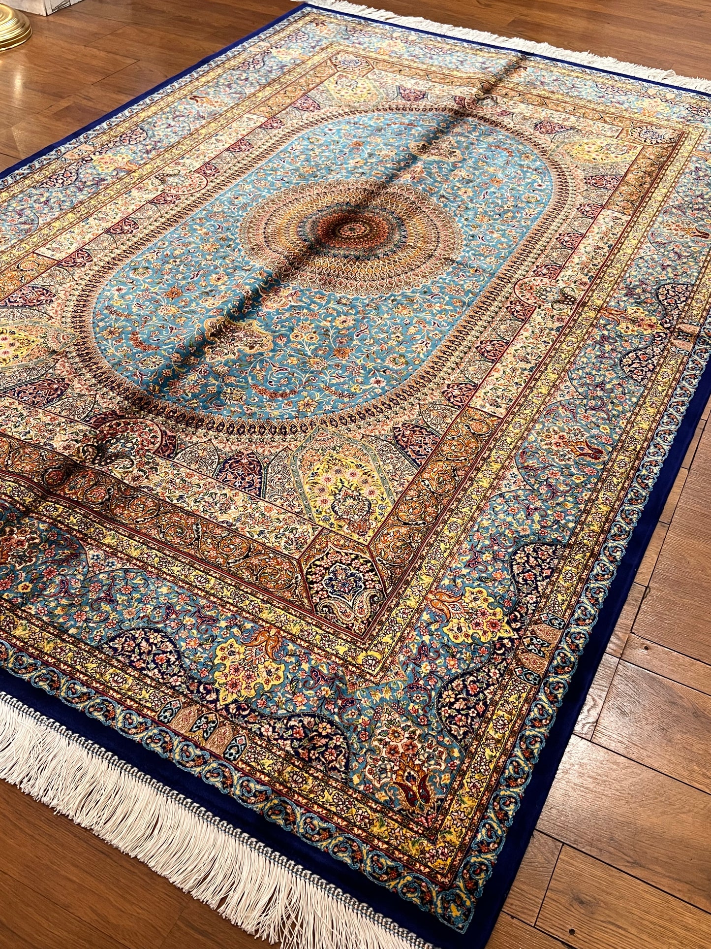 5’ x 8’ Luxury Turquoise Blue Bamboo Silk Rug – Ornate Medallion Floral Design, Fine Woven Statement Area Rug