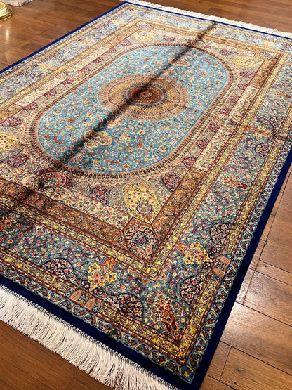 5’ x 8’ Luxury Turquoise Blue Bamboo Silk Rug – Ornate Medallion Floral Design, Fine Woven Statement Area Rug