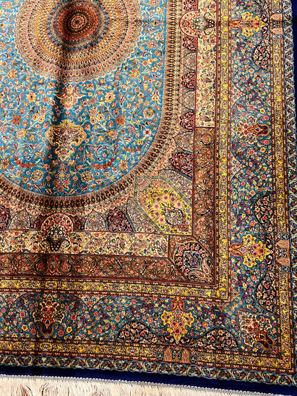 5’ x 8’ Luxury Turquoise Blue Bamboo Silk Rug – Ornate Medallion Floral Design, Fine Woven Statement Area Rug