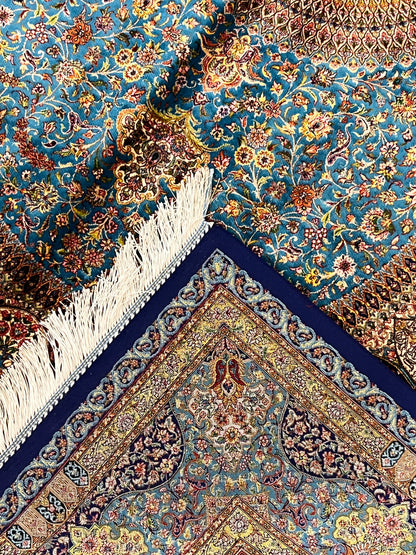 5’ x 8’ Luxury Turquoise Blue Bamboo Silk Rug – Ornate Medallion Floral Design, Fine Woven Statement Area Rug