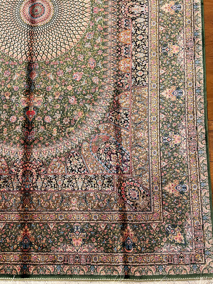 5’ x 8’ Luxury Sage Green Bamboo Silk Rug – Intricate Floral Medallion Design, Elegant Fine Woven Area Rug