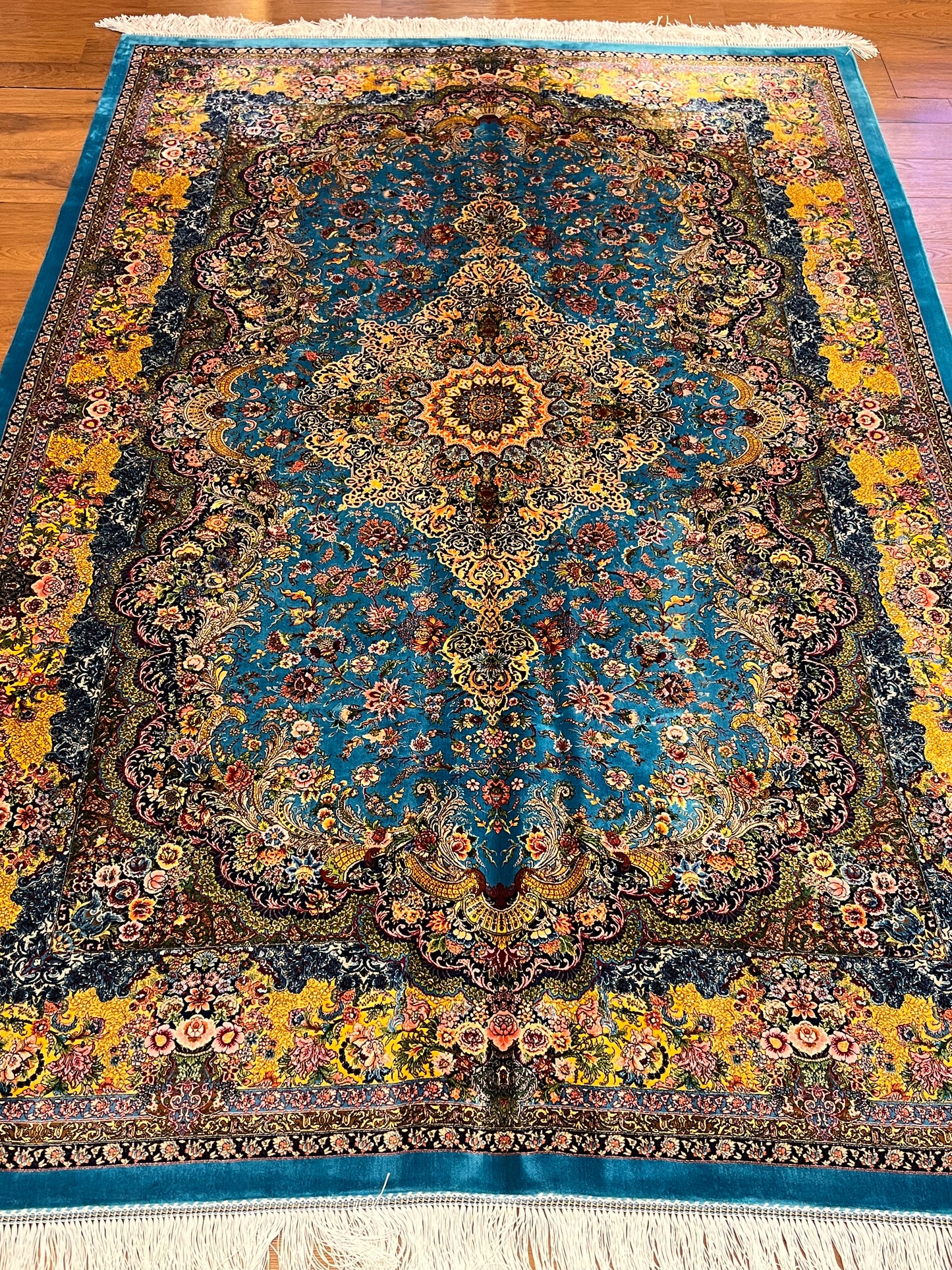 5’ x 8’ Luxury Turquoise Blue Bamboo Silk Rug – Grand Floral Medallion Design, Gold Accents, Fine Woven Statement Rug