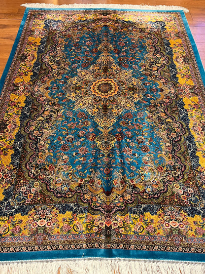 5’ x 8’ Luxury Turquoise Blue Bamboo Silk Rug – Grand Floral Medallion Design, Gold Accents, Fine Woven Statement Rug