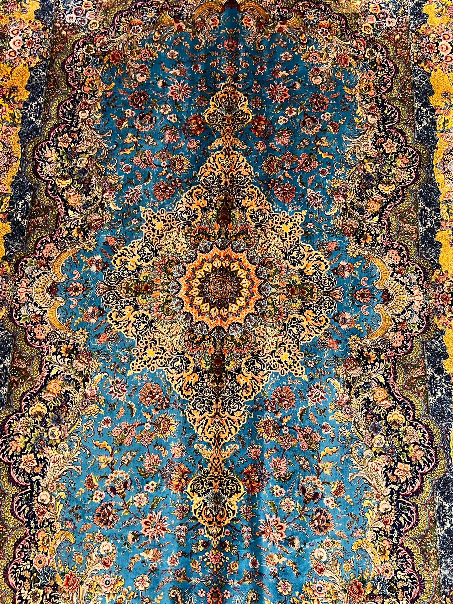 5’ x 8’ Luxury Turquoise Blue Bamboo Silk Rug – Grand Floral Medallion Design, Gold Accents, Fine Woven Statement Rug