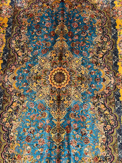 5’ x 8’ Luxury Turquoise Blue Bamboo Silk Rug – Grand Floral Medallion Design, Gold Accents, Fine Woven Statement Rug