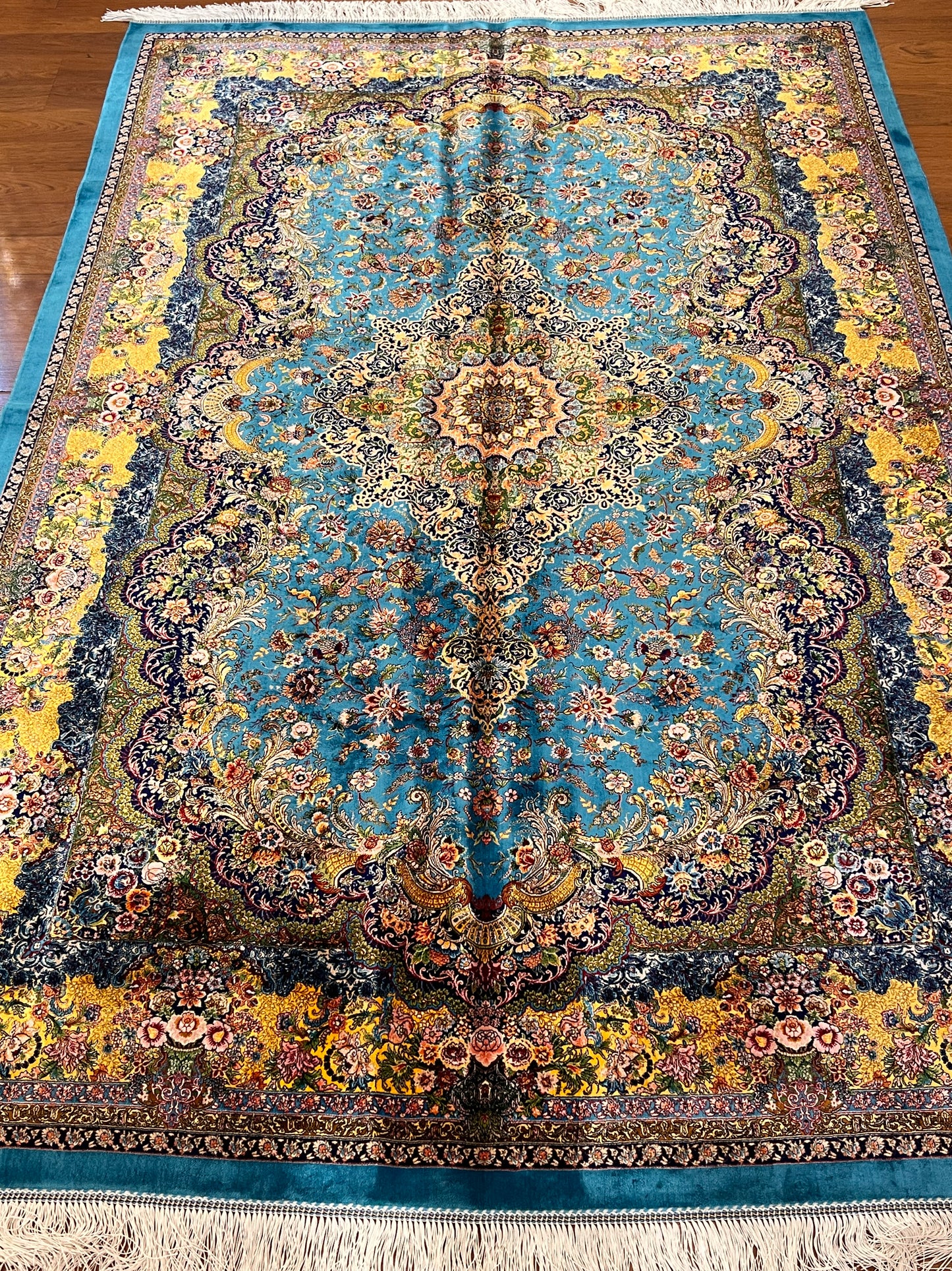 5’ x 8’ Luxury Turquoise Blue Bamboo Silk Rug – Grand Floral Medallion Design, Gold Accents, Fine Woven Statement Rug