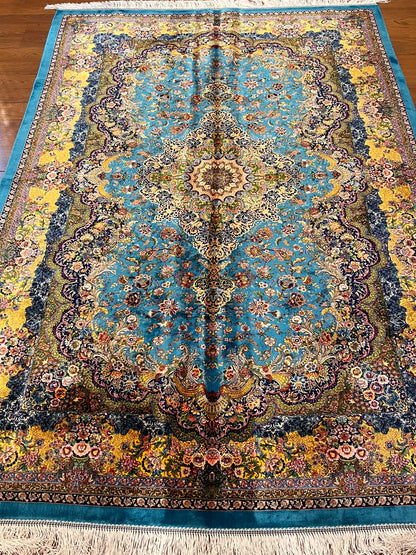 5’ x 8’ Luxury Turquoise Blue Bamboo Silk Rug – Grand Floral Medallion Design, Gold Accents, Fine Woven Statement Rug