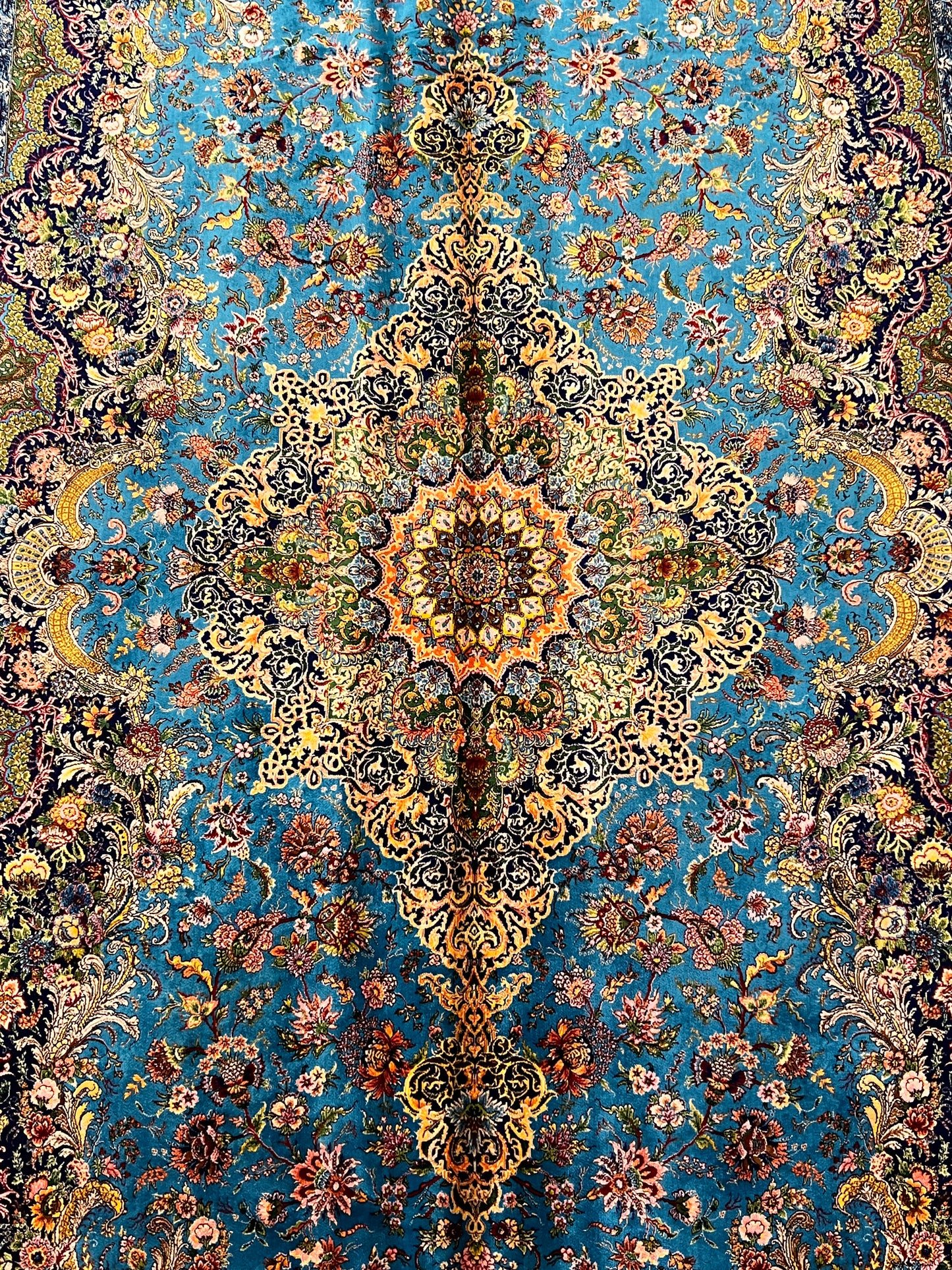 5’ x 8’ Luxury Turquoise Blue Bamboo Silk Rug – Grand Floral Medallion Design, Gold Accents, Fine Woven Statement Rug