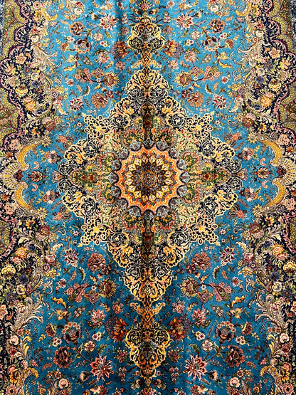 5’ x 8’ Luxury Turquoise Blue Bamboo Silk Rug – Grand Floral Medallion Design, Gold Accents, Fine Woven Statement Rug