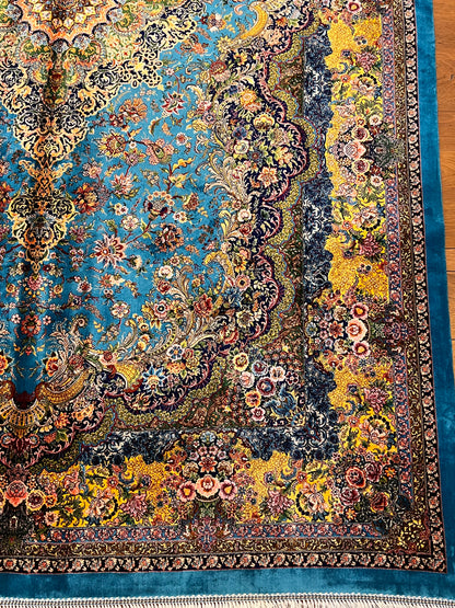 5’ x 8’ Luxury Turquoise Blue Bamboo Silk Rug – Grand Floral Medallion Design, Gold Accents, Fine Woven Statement Rug