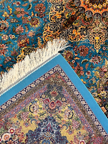 5’ x 8’ Luxury Turquoise Blue Bamboo Silk Rug – Grand Floral Medallion Design, Gold Accents, Fine Woven Statement Rug