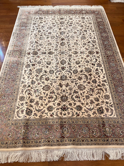 5’ x 8’ Luxury Ivory Bamboo Silk Rug – Elegant All-Over Floral Design, Soft Pink & Gold Accents, Fine Woven Area Rug