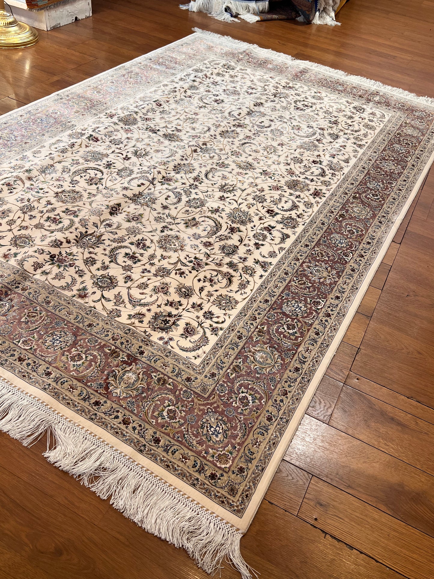 5’ x 8’ Luxury Ivory Bamboo Silk Rug – Elegant All-Over Floral Design, Soft Pink & Gold Accents, Fine Woven Area Rug