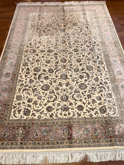 5’ x 8’ Luxury Ivory Bamboo Silk Rug – Elegant All-Over Floral Design, Soft Pink & Gold Accents, Fine Woven Area Rug