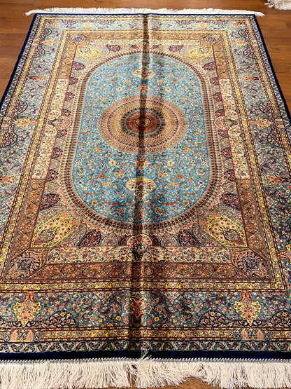 5’ x 8’ Luxury Turquoise Bamboo Silk Rug – Grand Medallion Floral Design, Navy & Gold Accents, Fine Woven Area Rug