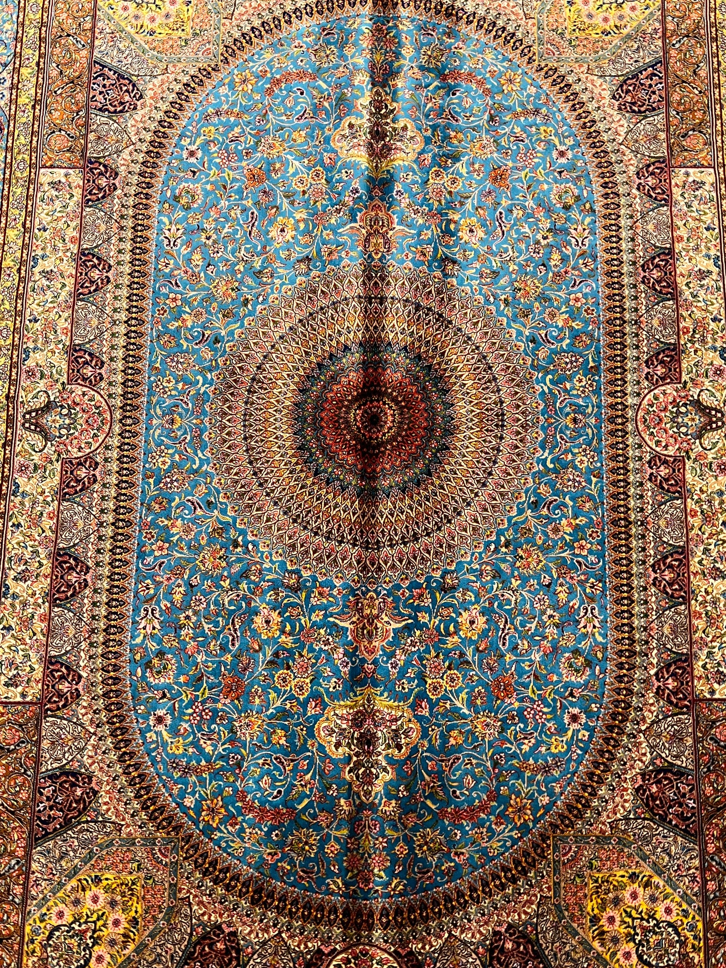 5’ x 8’ Luxury Turquoise Bamboo Silk Rug – Grand Medallion Floral Design, Navy & Gold Accents, Fine Woven Area Rug