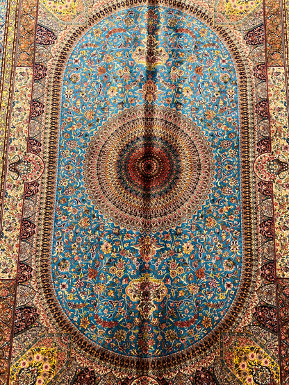 5’ x 8’ Luxury Turquoise Bamboo Silk Rug – Grand Medallion Floral Design, Navy & Gold Accents, Fine Woven Area Rug