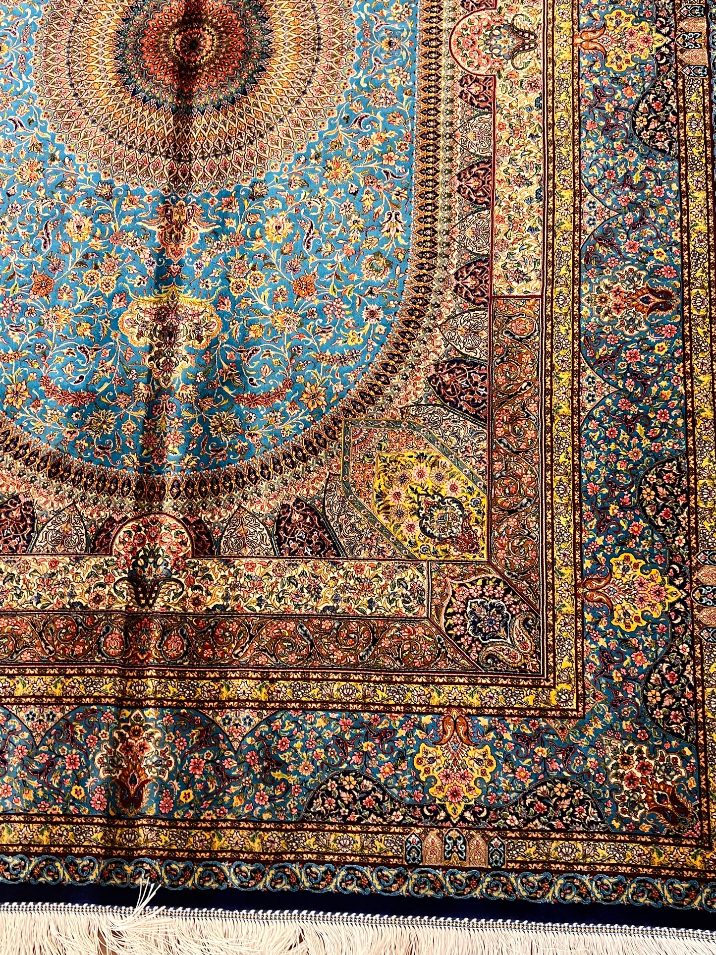 5’ x 8’ Luxury Turquoise Bamboo Silk Rug – Grand Medallion Floral Design, Navy & Gold Accents, Fine Woven Area Rug
