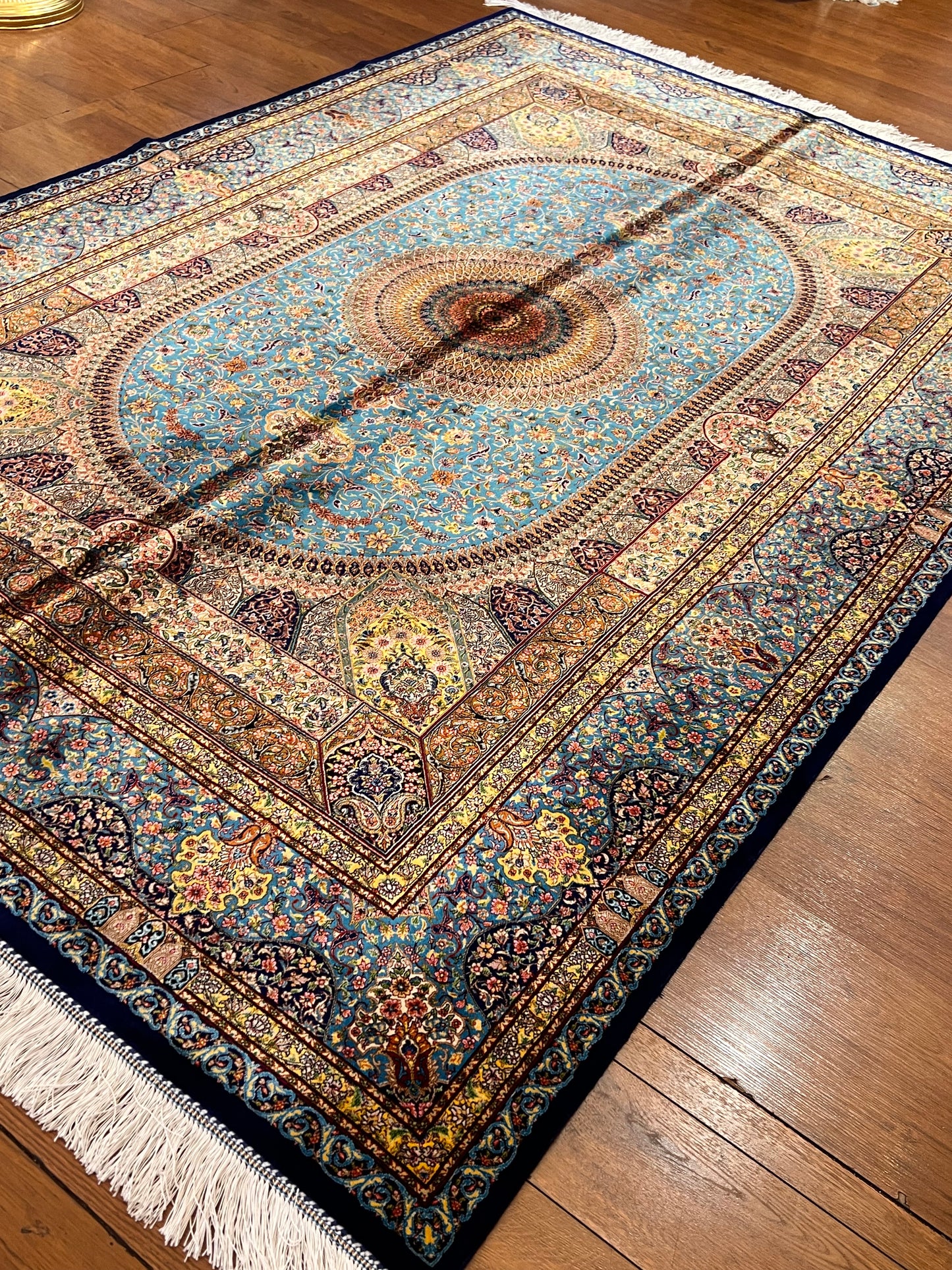 5’ x 8’ Luxury Turquoise Bamboo Silk Rug – Grand Medallion Floral Design, Navy & Gold Accents, Fine Woven Area Rug