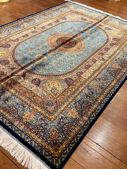 5’ x 8’ Luxury Turquoise Bamboo Silk Rug – Grand Medallion Floral Design, Navy & Gold Accents, Fine Woven Area Rug