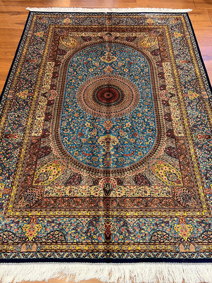 5’ x 8’ Luxury Turquoise Bamboo Silk Rug – Grand Medallion Floral Design, Navy & Gold Accents, Fine Woven Area Rug