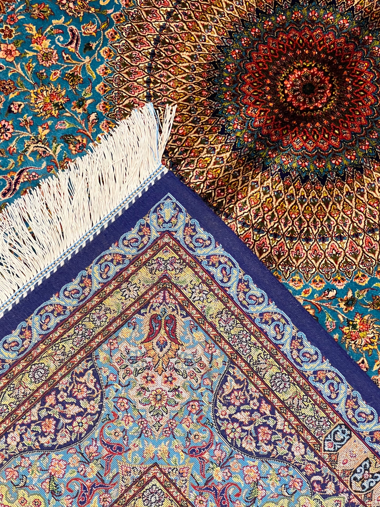 5’ x 8’ Luxury Turquoise Bamboo Silk Rug – Grand Medallion Floral Design, Navy & Gold Accents, Fine Woven Area Rug