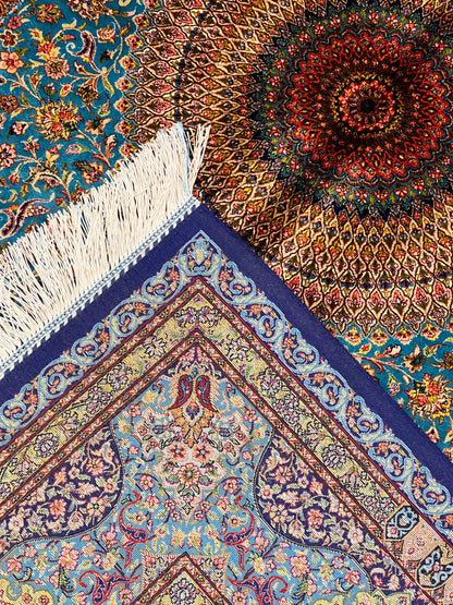5’ x 8’ Luxury Turquoise Bamboo Silk Rug – Grand Medallion Floral Design, Navy & Gold Accents, Fine Woven Area Rug
