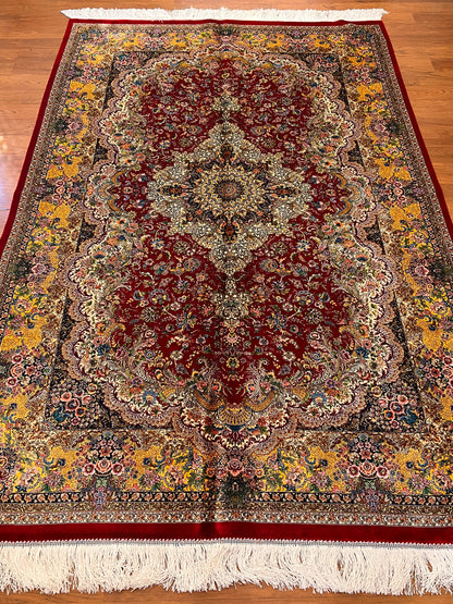 5’ x 8’ Luxury Red Bamboo Silk Rug – Grand Floral Medallion Design, Gold & Ivory Accents, Fine Woven Statement Rug