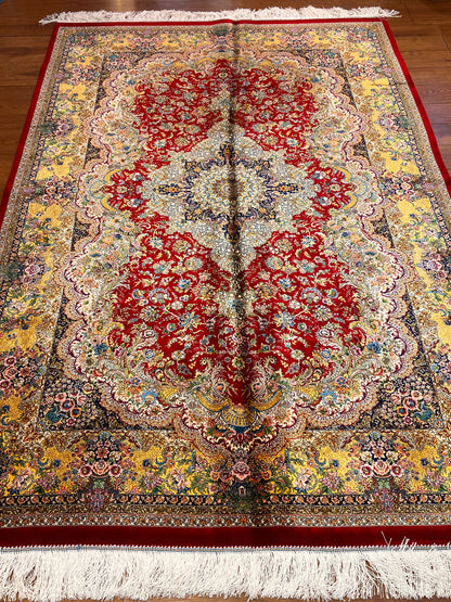 5’ x 8’ Luxury Red Bamboo Silk Rug – Grand Floral Medallion Design, Gold & Ivory Accents, Fine Woven Statement Rug