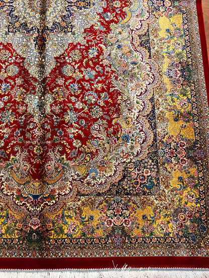 5’ x 8’ Luxury Red Bamboo Silk Rug – Grand Floral Medallion Design, Gold & Ivory Accents, Fine Woven Statement Rug