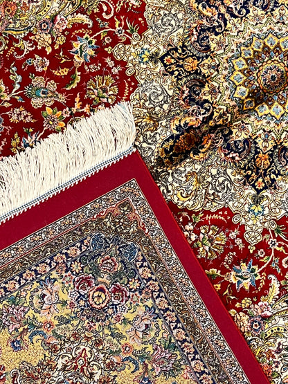 5’ x 8’ Luxury Red Bamboo Silk Rug – Grand Floral Medallion Design, Gold & Ivory Accents, Fine Woven Statement Rug