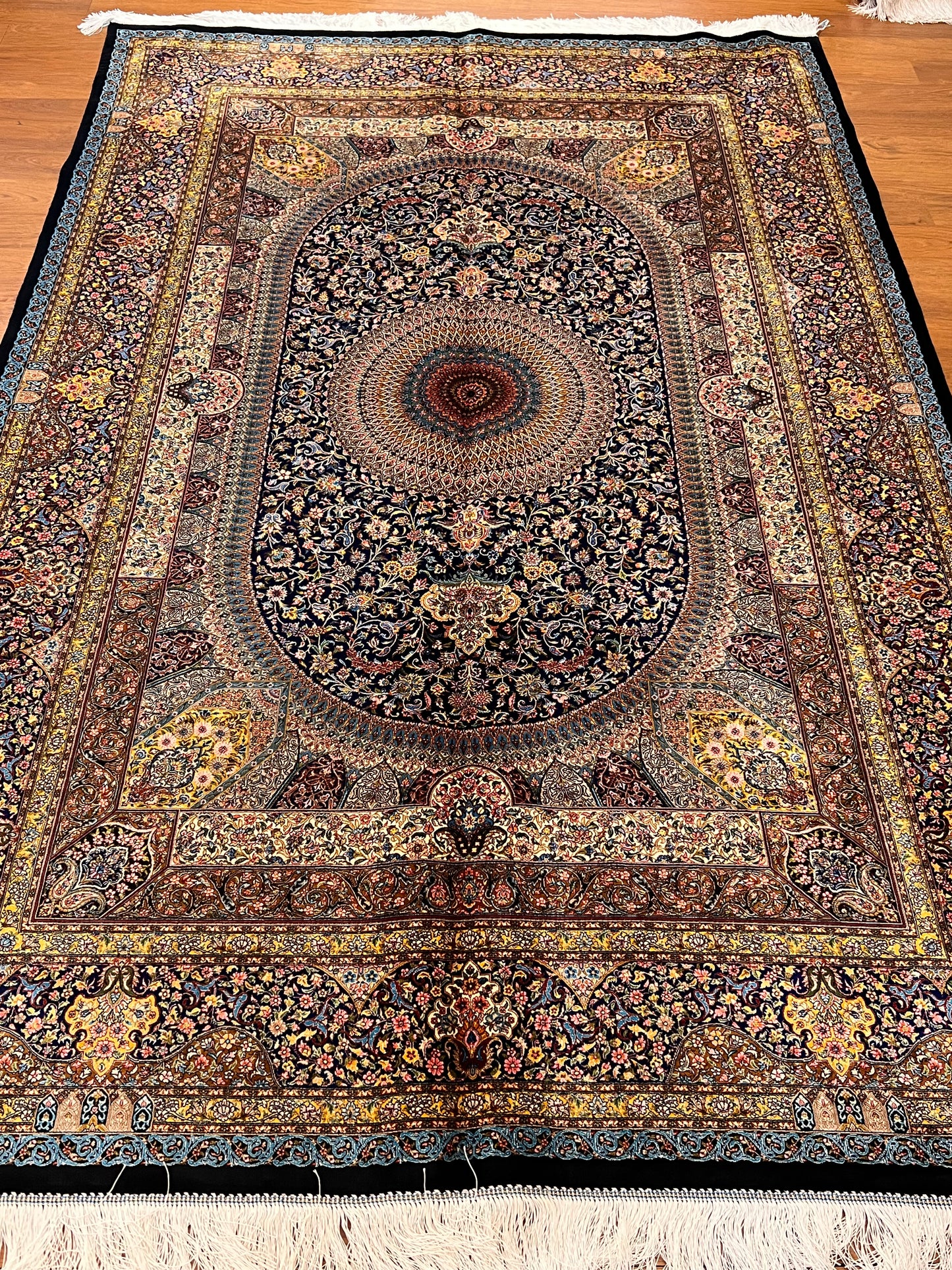 5’ x 8’ Luxury Navy Blue Bamboo Silk Rug – Grand Medallion Floral Design, Ivory & Gold Accents, Fine Woven Statement Rug