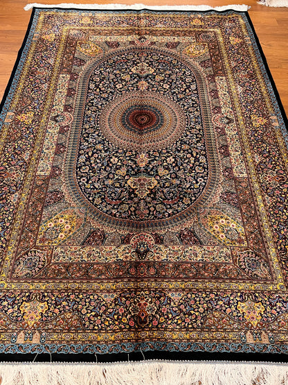 5’ x 8’ Luxury Navy Blue Bamboo Silk Rug – Grand Medallion Floral Design, Ivory & Gold Accents, Fine Woven Statement Rug