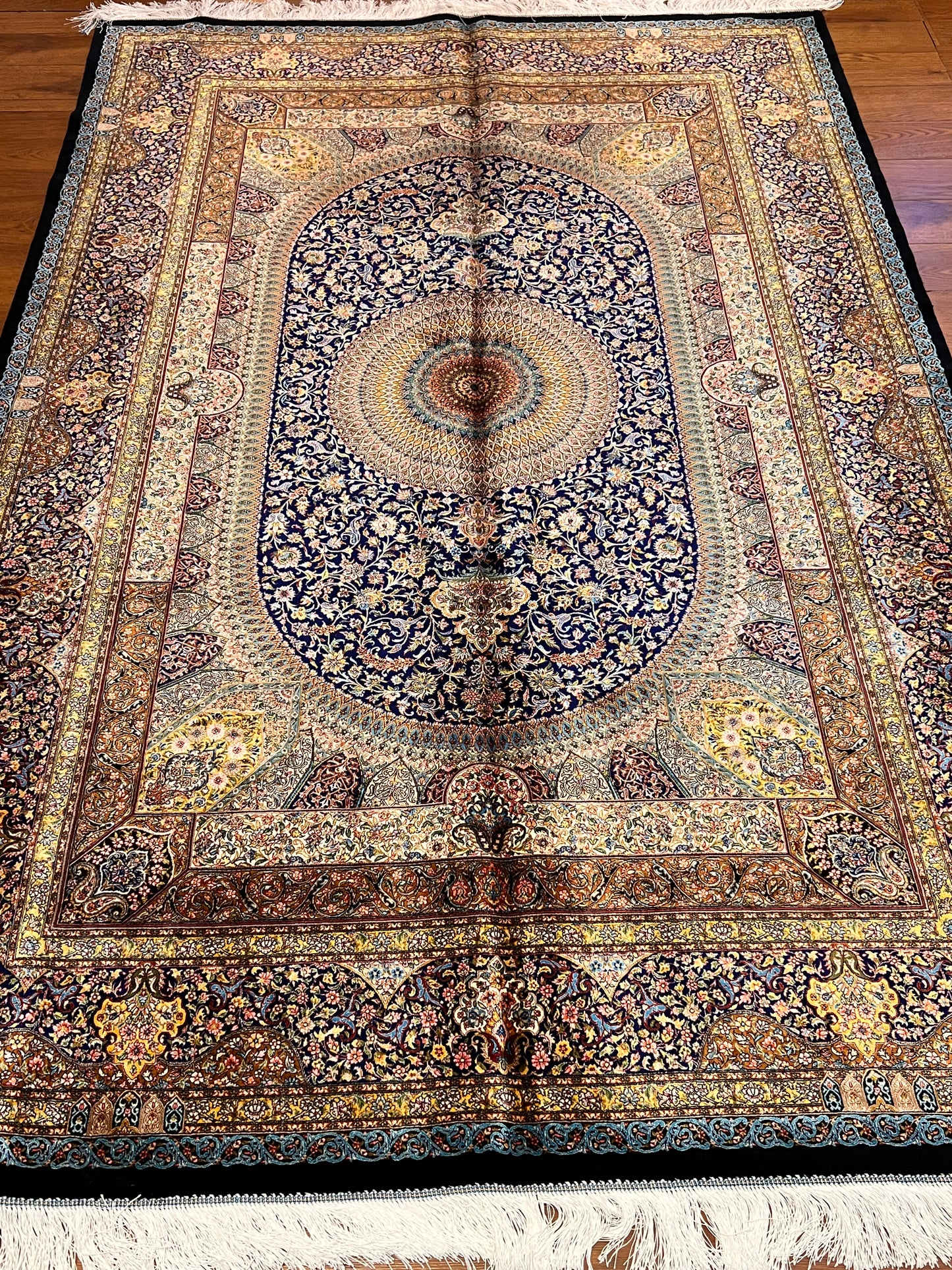 5’ x 8’ Luxury Navy Blue Bamboo Silk Rug – Grand Medallion Floral Design, Ivory & Gold Accents, Fine Woven Statement Rug